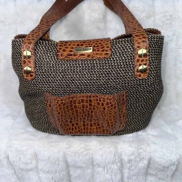 Eric Javits Woven Tote Bag Brown Tan Crocodile Trim Top Handle - Picture 3 of 11